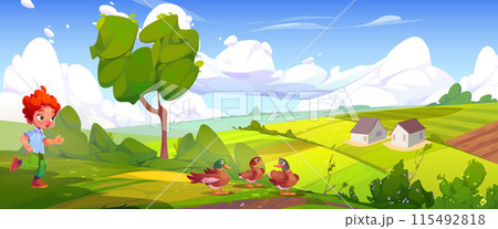 Happy boy playing with ducks on farm 115492818