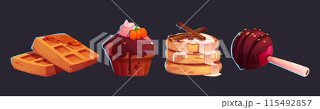 Sweet pastries and candies for cozy autumn design. Sweet pastries and candies for cozy autumn design. 115492857