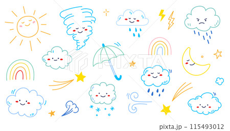 Cloud rain weather cartoon cute set. Cloud, sun, moon weather character with smile and angry face. Hand drawn doodle sketch style. Rainbow, wind, tornado doodle character. Vector Cloud rain weather cartoon cute set. Cloud, sun, moon weather character with smile and angry face. Hand drawn doodle sketch style. Rainbow, wind, tornado doodle character. Vector 115493012