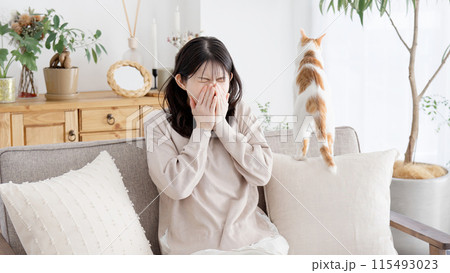 口を押さえくしゃみをする女性 115493023