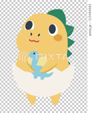 かわいいぬいぐるみを持った黄色の恐竜キャラクターのイラスト素材 