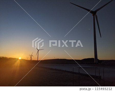 朝焼けに染まる風車 115493212