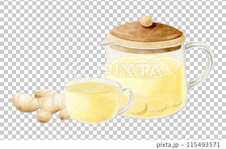 Healthy ginger herbal tea in glass teapot and cup watercolor illustration isolated on white background. Hand drawn organic antioxidant hot beverage for traditional medicine against winter cold and flu Healthy ginger herbal tea in glass teapot and cup watercolor illustration isolated on white background. Hand drawn organic antioxidant hot beverage for traditional medicine against winter cold and flu 115493571