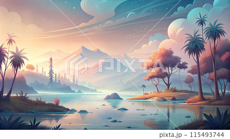 A peaceful lakeside with palm. 115493744