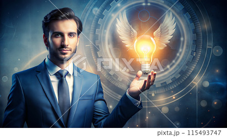 Young businessman reaches out and touches a light bulb. Young businessman reaches out and touches a light bulb. 115493747