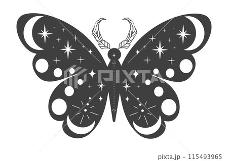 Magic sacred decoration esoteric tattoo moth or butterfly dark line, border celelstial mystery esoteric decoration with moth or butterfly, sun, stars and moon on white background. 115493965
