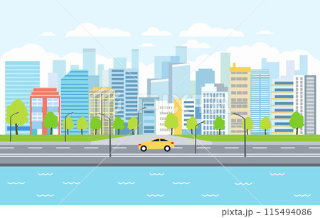 Flat Design Illustration of Cityscape Building with Lake River and Car in Road Traffic on Sunny Day 115494086