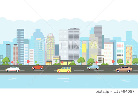 Flat Design Illustration of Cityscape Building with Lake River and Car in Road Traffic on Sunny Day 115494087