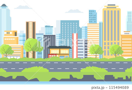 Flat Design Illustration of Road Traffic in City with Cityscape Building in Bright Day 115494089