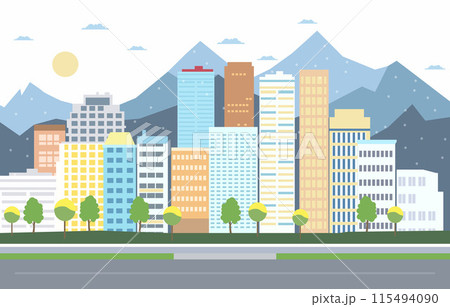 Flat Design Illustration of Road Traffic in City with Cityscape Building in Bright Day 115494090