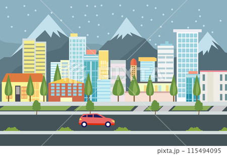 Flat Design Illustration of Car Vehicle in City Road Traffic with Cityscape in Snow Season Flat Design Illustration of Car Vehicle in City Road Traffic with Cityscape in Snow Season 115494095