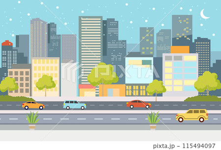Flat Design Illustration of Cars Vehicle in City Road Traffic with Cityscape at Night 115494097