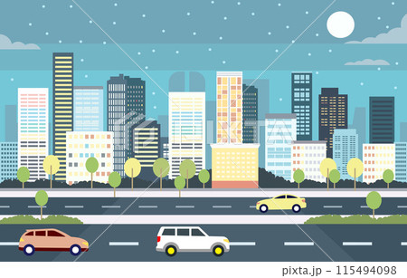Flat Design Illustration of Cars Vehicle in City Road Traffic with Cityscape at Night Flat Design Illustration of Cars Vehicle in City Road Traffic with Cityscape at Night 115494098