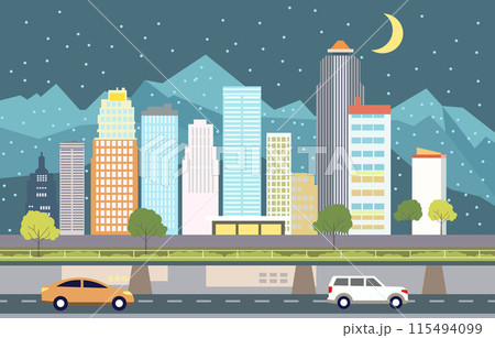 Flat Design Illustration of Cars Vehicle in City Road Traffic with Cityscape at Night 115494099