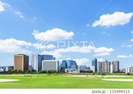 川崎の都市景観 多摩川緑地 川崎駅前のビル群 夏空広がる都市風景【神奈川県・川崎市】 川崎の都市景観 多摩川緑地 川崎駅前のビル群 夏空広がる都市風景【神奈川県・川崎市】 115494113