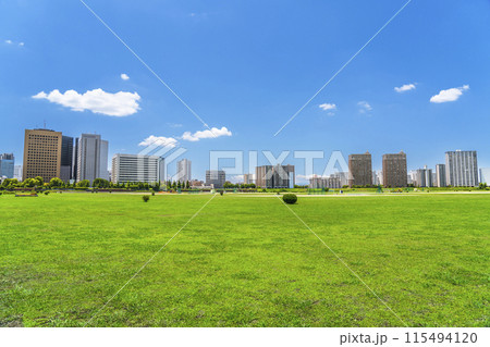 川崎の都市景観 多摩川緑地と川崎駅前のビル群の風景【神奈川県・川崎市】 川崎の都市景観 多摩川緑地と川崎駅前のビル群の風景【神奈川県・川崎市】 115494120