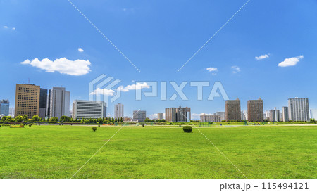 川崎の都市景観 多摩川緑地と川崎駅前のビル群の風景【神奈川県・川崎市】 川崎の都市景観 多摩川緑地と川崎駅前のビル群の風景【神奈川県・川崎市】 115494121