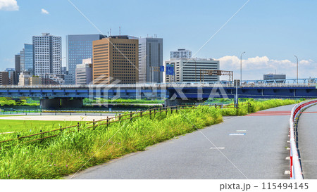 多摩川河川敷から見る川崎駅前のビル群【神奈川県・川崎市】 115494145