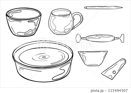Pottery wheel and ceramic dishes in black white line vector illustration isolated. Bowl mug silhouette in ink hand drawn. Objects of pottery art coloring. Pottery tools outline. For ceramics class Pottery wheel and ceramic dishes in black white line vector illustration isolated. Bowl mug silhouette in ink hand drawn. Objects of pottery art coloring. Pottery tools outline. For ceramics class 115494307