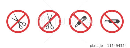 Cut here. Do not open with stationery knife or scissors icons. Black shears cutting isolated on white background. Simple Vector illustration Cut here. Do not open with stationery knife or scissors icons. Black shears cutting isolated on white background. Simple Vector illustration 115494524