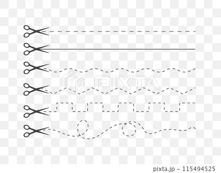 Cut here. Black scissors cutting. Set of cut dash lines isolated on white background. Simple Vector illustration. Shear cutting paper coupon or the cloth label along the line 115494525