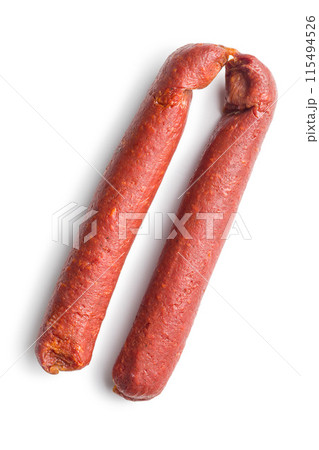 Smoked salami sausages isolated on white background. 115494526