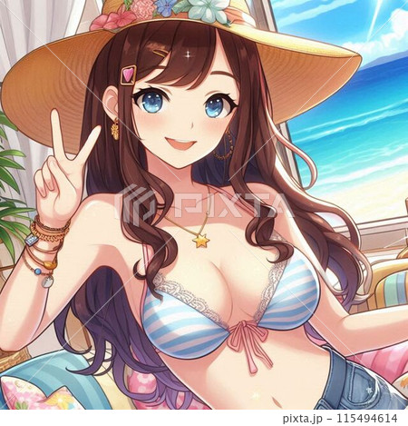 海にいる麦わら帽子と水着の若い女性のイラスト 115494614