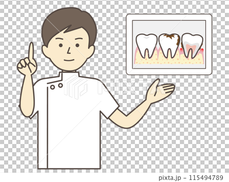 男性牙醫一邊看牙齒圖像一邊解釋 115494789