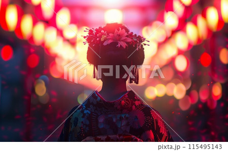 Tradition asian woman in red cloth. Attractive female portrait. Back view of Beautiful chinese young girl. Traditional festival holiday celebrate 115495143