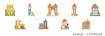 Medieval Building and Ancient European Town House Vector Set 115495238