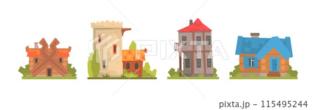 Medieval Building and Ancient European Town House Vector Set 115495244