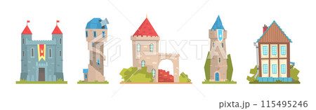 Medieval Building and Ancient European Town House Vector Set 115495246