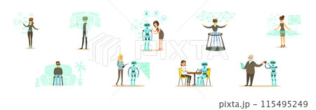 Man and Woman Character Use Smart Interactive Technology Vector Set 115495249