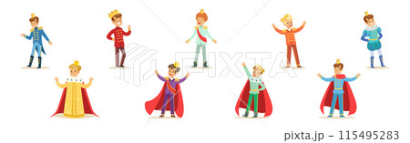 Little Boy In Prince Costume with Golden Crown Vector Set 115495283