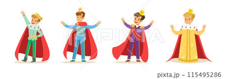 Little Boy In Prince Costume with Golden Crown Vector Set 115495286