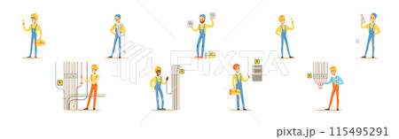 Man Electrician In Uniform and Hard Hat Working with Electric Cables and Wires Vector Set Man Electrician In Uniform and Hard Hat Working with Electric Cables and Wires Vector Set 115495291