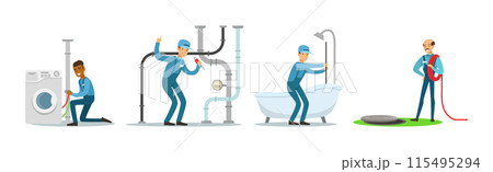 Man Plumber Character in Uniform Repair Heating Pipe Vector Set 115495294