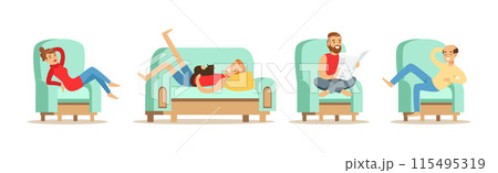 People Resting and Relax on Sofa at Cozy Home Atmosphere Vector Set 115495319