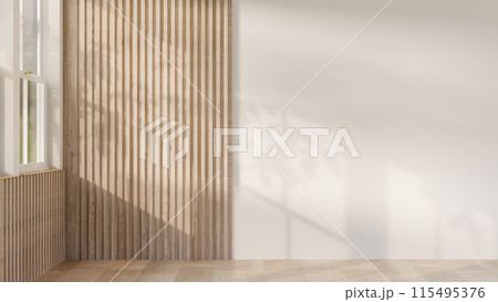 The interior design of a modern Scandinavian empty room features a copy space and a parquet floor. 115495376