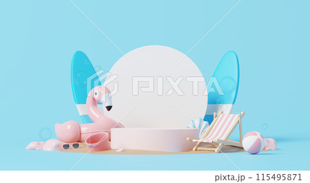 3D render, podium display with white circle for product decorate with summer element beach ball, flamingo inflatable and others, holiday vacation time. 115495871