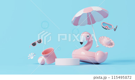 3D render, Podium for showing product on blue background with summer element beach umbrella, ball, and sunglasses, travel holidays scene. 115495872