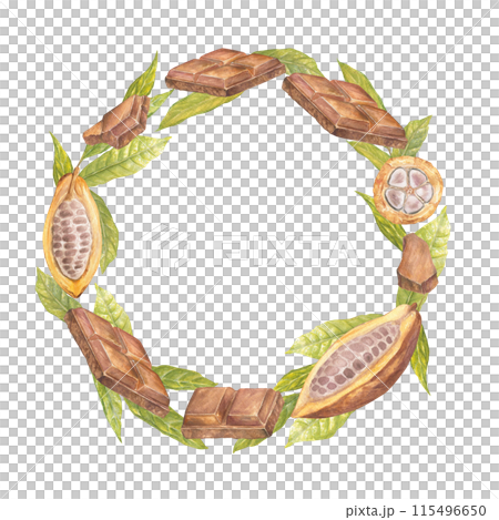 Circle frame of wreath with chocolate and cacao fruit and leaf watercolor illustration , hand drawn. Drawing of chocolate bar. Engraving for food packaging design 115496650