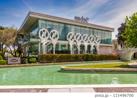 Sedef or Sadaf, a modern restaurant on an artificial island in Little Venice canal, Baku's Seaside Boulevard, Azerbaijan Sedef or Sadaf, a modern restaurant on an artificial island in Little Venice canal, Baku's Seaside Boulevard, Azerbaijan 115496700