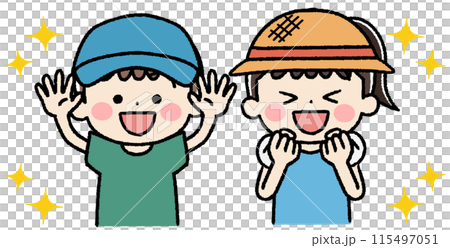 Illustration of cheerful smiling children wearing hats 115497051