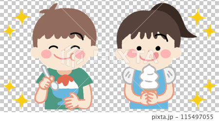 Illustration of smiling kids eating shaved ice and soft serve ice cream 115497055
