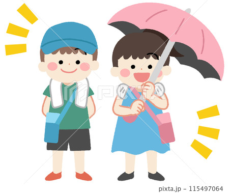 帽子と日傘、水筒を持った子供のイラスト 115497064