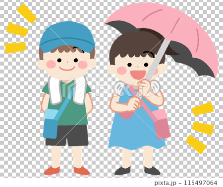 帽子と日傘、水筒を持った子供のイラスト 115497064