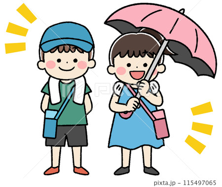 帽子と日傘、水筒を持った子供のイラスト 115497065