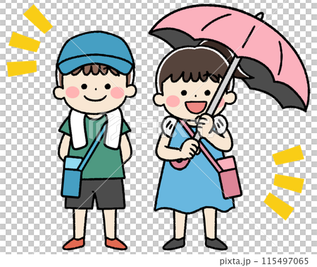 帽子と日傘、水筒を持った子供のイラスト 115497065