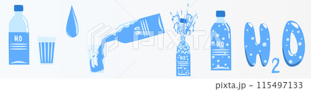 Vector illustration ICONS water in bottles and a glass. bottled water with and without gas. One of the bottles shoots a cap. Vector illustration ICONS water in bottles and a glass. bottled water with and without gas. One of the bottles shoots a cap. 115497133